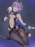  :o ass_visible_through_thighs bare_shoulders barefoot black_background black_hairband breasts cameltoe center_opening dark_skin fate/grand_order fate/prototype fate/prototype:_fragments_of_blue_and_silver fate_(series) full_body furumiya_neko hairband hassan_of_serenity_(fate) highres kunai looking_at_viewer mask mask_removed medium_breasts purple_eyes purple_hair short_hair simple_background skull_mask solo thigh_gap toeless_legwear weapon 