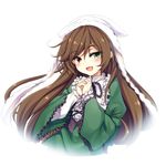  :d bangs black_ribbon blush brown_hair dress eyebrows_visible_through_hair frilled_shirt_collar frilled_sleeves frills green_dress green_eyes hair_between_eyes hands_clasped head_scarf layered_sleeves long_hair long_sleeves looking_at_viewer moeki_yuuta open_mouth own_hands_together red_eyes ribbon rozen_maiden simple_background smile solo suiseiseki tsurime upper_body very_long_hair white_background wide_sleeves 
