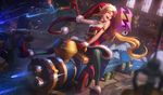  1girl blonde_hair boots choker christmas eyes_closed gloves jinx_(league_of_legends) league_of_legends long_hair official_art pointy_ears santa_hat skirt thighhighs toys 