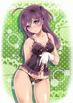  ahoge aka_kitsune blush bra breasts cleavage collarbone commentary_request corset gloves hagikaze_(kantai_collection) hand_on_own_ass kantai_collection long_hair looking_at_viewer one_side_up panties purple_bra purple_hair purple_panties silver_eyes small_breasts solo underwear white_gloves 