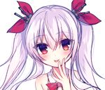  azur_lane bangs bare_shoulders blush bow bowtie detached_collar eyebrows_visible_through_hair fingernails hair_between_eyes hair_ornament hair_ribbon hand_up head_tilt long_hair looking_at_viewer nail_polish pink_nails red_eyes red_neckwear red_ribbon ribbon silver_hair simple_background solo tongue tongue_out twintails vampire_(azur_lane) white_background white_collar wing_collar ytuorvi 