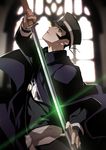  black_hair cape commentary_request devil_summoner from_side glowing glowing_eyes hat holding holding_sword holding_weapon kamizawa_(sark) kuzunoha_raidou male_focus shin_megami_tensei sideburns solo sword weapon 