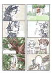  animal_ears bag book comic eurasian_eagle_owl_(kemono_friends) grey_wolf_(kemono_friends) heterochromia highres kemono_friends multiple_girls murakami_kou_(raye) northern_white-faced_owl_(kemono_friends) silent_comic tree wolf_ears 