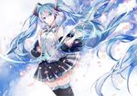  absurdly_long_hair amatsukiryoyu blue_eyes blue_hair commentary_request detached_sleeves hatsune_miku long_hair necktie skirt solo thighhighs twintails very_long_hair vocaloid 