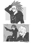  2boys artist_name axel_(kingdom_hearts) black_coat_(kingdom_hearts) blush clenched_hands cloak comic gaijin_4koma gloves greyscale hair_slicked_back hand_in_hair hood hooded_cloak kingdom_hearts kingdom_hearts_358/2_days kiraraboshi monochrome multiple_boys organization_xiii pointing quiff roxas silent_comic xion_(kingdom_hearts) 