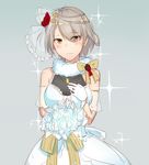  :| bangs bare_shoulders blush bracelet breasts closed_mouth collarbone dress earrings flower girls_frontline gloves grey_hair hair_ornament jewelry looking_at_viewer medium_breasts necklace off-shoulder_dress off_shoulder ring short_hair solo vector_(girls_frontline) wedding_band wedding_dress xiujia_yihuizi yellow_eyes 