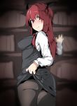  ass black_legwear black_skirt blush book bookshelf breasts closed_mouth commentary_request cowboy_shot from_behind head_wings highres koakuma kz_oji lifted_by_self long_hair long_sleeves looking_at_viewer looking_back medium_breasts pantyhose red_eyes red_hair skirt skirt_lift skirt_set smile solo touhou 