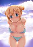  arms_behind_back ass_visible_through_thighs bangs bare_shoulders bikini blend_s blonde_hair blue_bikini blue_eyes blue_sky blush breasts cameltoe cleavage closed_mouth cloud cloudy_sky collarbone commentary_request covered_nipples cowboy_shot day double_bun eyebrows_visible_through_hair hair_between_eyes head_tilt highres hinata_kaho large_breasts leaning_forward looking_at_viewer navel nose_blush outdoors shousan_bouzu side_bun sidelocks sky smile solo swimsuit thigh_gap wet 