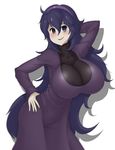  1girl absurdres ahoge arm_up blue_eyes breasts hairband hand_on_hip hex_maniac_(pokemon) highres huge_breasts leaning_forward long_hair looking_at_viewer npc_trainer open_mouth pokemon pokemon_(game) pokemon_xy purple_hair sinensian smile solo standing very_long_hair 