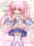 angelic_buster bangs bare_shoulders bat_wings bed_sheet blue_eyes blue_wings blush breasts cleavage closed_mouth collarbone commentary_request detached_sleeves eyebrows_visible_through_hair gloves groin hair_between_eyes hand_up heart highres horns knees_together_feet_apart long_hair looking_at_viewer low_wings lying maplestory medium_breasts navel nekono_rin no_panties on_back open_clothes open_shirt open_skirt pleated_skirt purple_skirt shirt skirt skirt_pull sleeveless sleeveless_shirt smile solo star thighhighs transparent_wings two_side_up very_long_hair white_gloves white_legwear white_shirt winged_heart wings zipper 