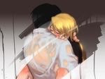  1girl black_hair black_shirt blonde_hair blush closed_eyes couple doya from_outside fullmetal_alchemist hetero hug implied_sex long_hair riza_hawkeye roy_mustang shirt short_hair wet wet_clothes white_shirt 