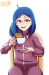  1girl 2017 ahoge blue_hair chair character_name cup dated drink glasses hands_up highres jacket jpeg_artifacts little_witch_academia long_hair long_sleeves open_mouth pants red_eyes red_jacket red_pants saucer signature simple_background sitting smile solo steam sweat teacup text thehumancopier tied_hair translated ursula_charistes white_background 