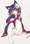  :d animal_ear_fluff animal_ears arm_support azur_lane bangs black_hair black_kimono blush breasts cat_ears collarbone commentary_request detached_sleeves eyebrows_visible_through_hair fang feet fox_mask hair_ornament head_tilt japanese_clothes kimono large_breasts long_sleeves looking_at_viewer mask mask_on_head no_shoes open_mouth panties pantyshot pantyshot_(sitting) print_kimono red_eyes short_hair sitting smile soles solo thighhighs tsuka underwear white_legwear white_panties wide_sleeves yamashiro_(azur_lane) 
