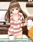  alternate_costume aqua_eyes bed breasts brown_hair casual coffee coffee_mug collarbone cup framed_image glass_table hair_ornament holding holding_cup indoors kantai_collection kumano_(kantai_collection) long_hair looking_at_viewer loungewear mat medium_breasts mug narushima_kanna open_mouth panties pantyshot pantyshot_(standing) pom_pom_(clothes) ponytail solo standing striped_hoodie striped_jacket suzuya_(kantai_collection) table television_screen twitter_username underwear white_panties 