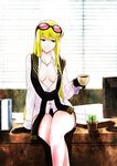  arm_support asymmetrical_hair bangs black_gloves black_shorts blinds blonde_hair breasts cactus center_opening coffee coffee_mug crossed_legs cup desk digimon digimon_story:_cyber_sleuth eyewear_on_head gloves gouxiong holding holding_cup indoors jewelry kuremi_kyouko long_hair looking_at_viewer medium_breasts monitor mug necklace no_bra on_desk scarf seductive_smile shirt short_shorts shorts sitting sitting_on_desk smile solo sunglasses swept_bangs white_shirt 