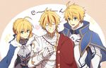  2boys ahoge armor arthur_pendragon_(fate) artoria_pendragon_(all) blonde_hair blue_cape braid cape choco_taberusan closed_eyes crying fate/prototype fate/stay_night fate/strange_fake fate_(series) flower_(symbol) french_braid fur_trim green_eyes hand_on_own_chest multicolored_hair multiple_boys saber saber_(fate/strange_fake) sandwiched sidelocks single_braid streaked_hair streaming_tears tears upper_body 