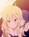  ahoge all_fours ass black_dress blonde_hair blush breasts cleavage closed_mouth dress green_eyes hair_between_eyes hoshii_miki idolmaster idolmaster_(classic) large_breasts long_hair looking_at_viewer no.gomesu off_shoulder smile solo spaghetti_strap strap_slip 