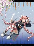  absurdly_long_hair akizuno blush drill_hair full_body holding holding_sword holding_weapon long_hair looking_at_viewer lying on_back open_mouth pink_hair purple_eyes red_legwear smile solo striped striped_legwear sword thighhighs touran-sai translation_request twin_drills very_long_hair weapon white_legwear 