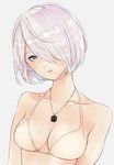  bare_shoulders bikini breasts collarbone green_eyes grey_background hair_over_one_eye jewelry looking_at_viewer medium_breasts mole mole_under_mouth necklace nier_(series) nier_automata sami_(3a3i3a3i) silver_hair simple_background solo swimsuit yorha_no._2_type_b 