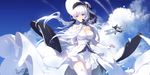  aircraft airplane artist_name azur_lane bangs bare_shoulders blue_eyes blue_sky breasts closed_mouth cloud cloudy_sky commentary_request condensation_trail day dress floating_hair garter_straps gloves highres illustrious_(azur_lane) large_breasts long_dress long_hair looking_to_the_side outdoors sky swd3e2 thighhighs thighs tri_tails white_gloves white_hair white_legwear 