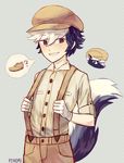  ? artist_name black_hair brown_eyes doubutsu_no_mori dual_persona fenori furry gloves graphite_(medium) grey_background hat highres male_focus multicolored_hair shank_(doubutsu_no_mori) shoes simple_background skunk_boy skunk_ears skunk_tail solo teeth traditional_media two-tone_hair upper_body white_hair 