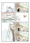  butterfly cave comic cub grey_wolf highres insect kemono_friends murakami_kou_(raye) nature no_humans outdoors river silent_comic tree wolf wolf_cub 