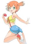  :d ass blue_shorts blush breasts crop_top eyebrows_visible_through_hair green_eyes hair_between_eyes highres holding holding_poke_ball kasumi_(pokemon) leg_up looking_at_viewer medium_breasts midriff mokkosu. one_side_up open_mouth orange_hair poke_ball poke_ball_(generic) pokemon pokemon_(anime) pokemon_(classic_anime) shiny shiny_clothes shirt short_hair short_shorts shorts side_ponytail sideboob simple_background sleeveless sleeveless_shirt smile solo standing standing_on_one_leg suspender_shorts suspenders white_background yellow_shirt 