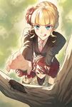  1girl :q aluce anger_vein beatrice blonde_hair blue_eyes bug carrying cicada flower hair_flower hair_ornament insect necktie red_hair rose shoulder_carry skirt tongue tongue_out tree umineko_no_naku_koro_ni ushiromiya_battler 