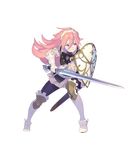  armor bangs brown_eyes dress elbow_gloves fire_emblem fire_emblem_heroes fire_emblem_if full_body gloves hairband highres holding holding_sword holding_weapon knee_pads long_hair long_sleeves looking_away nagisa_kurousagi official_art pantyhose pink_hair sheath short_dress shoulder_armor smile soleil_(fire_emblem_if) solo sword thighhighs transparent_background weapon white_gloves 