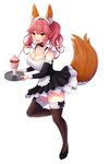  alternate_costume animal_ears apron black_legwear braid breasts cleavage detached_sleeves enmaided fang fate/extra fate/extra_ccc fate/grand_order fate_(series) food fou_zi fox_ears fox_tail highres huge_breasts ice ice_cream looking_at_viewer maid maid_apron maid_headdress open_mouth pink_hair simple_background solo tail tamamo_(fate)_(all) tamamo_no_mae_(fate) twin_braids waist_apron white_background yellow_eyes 