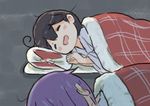  ahoge akebono_(kantai_collection) black_hair blanket blush_stickers closed_eyes commentary futon hands_together japanese_clothes kantai_collection long_sleeves lying multiple_girls on_side open_mouth otoufu pillow purple_hair sleeping smile ushio_(kantai_collection) wide_sleeves 
