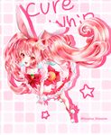  :d animal_ears bow bunny_ears cake_hair_ornament character_name cure_whip dress food_themed_hair_ornament full_body hair_ornament hairband haruhiko_pearl kirakira_precure_a_la_mode long_hair looking_at_viewer magical_girl open_mouth pink_bow pink_footwear pink_hair precure red_eyes red_hairband shoes smile solo star twintails twitter_username usami_ichika white_dress 