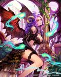  blush breasts cleavage company_name demon_girl dragon's_shadow from_side horns konfuzikokon large_breasts long_hair looking_at_viewer official_art parted_lips purple_hair red_eyes sitting smile solo 