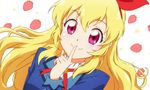  aikatsu! aikatsu!_(series) anime_coloring blonde_hair bow close-up closed_mouth commentary eyebrows_visible_through_hair finger_to_mouth food fruit hair_between_eyes hair_bow hairband hoshimiya_ichigo long_hair nicca_(kid_nicca) red_eyes ribbon school_uniform shushing smile star starlight_academy_uniform starry_background strawberry strawberry_background 