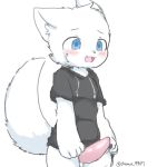  anthro black_clothing blue_eyes blush canid canine canis changed_(video_game) chano cloth clothed clothing cub digital_media_(artwork) fur lin_(changed) male mammal partially_clothed paws penis solo tongue white_fur white_tail wolf young 