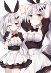  apron arms_up bada_(jksh5056) bangs black_bow blush bow breasts closed_mouth cowboy_shot eyebrows_visible_through_hair five-seven_(girls_frontline) girls_frontline grey_hair hair_bow highres long_hair maid medium_breasts multiple_views ponytail short_sleeves simple_background smile tsurime underbust v very_long_hair waist_apron wavy_hair white_background yellow_eyes 