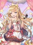  :d bangs bare_arms bare_shoulders belt blonde_hair blush bottle bow breasts cagliostro_(granblue_fantasy) collarbone cowboy_shot curtains dress eyebrows_visible_through_hair flower frilled_dress frills glint granblue_fantasy high_heels highres holding leg_up lipstick_tube long_hair looking_at_viewer maid_headdress mirror momoko_(momopoco) nail_polish off-shoulder_dress off_shoulder open_mouth perfume_bottle pink_flower pink_rose purple_eyes rainbow red_bow red_footwear red_nails rose short_sleeves small_breasts smile solo standing standing_on_one_leg star tareme thighs very_long_hair 