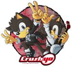  animalization arms_up artist_name brown_eyes crush40 double_v electric_guitar grey_eyes group_name guitar hedgehog index_finger_raised instrument jewelry johnny_gioeli logo looking_at_viewer microphone multiple_boys ring rock_band senoue_jun smile sonic_the_hedgehog v 