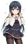  asashio_(kantai_collection) belt black_hair black_legwear blue_eyes commentary_request cowboy_shot double_v dress hanazome_dotera heart kantai_collection long_hair long_sleeves pantyhose pinafore_dress remodel_(kantai_collection) school_uniform simple_background smile v white_background 