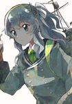  buttons green_ribbon grey_eyes grey_hair grey_jacket hachimaki headband itomugi-kun jacket kantai_collection long_hair long_sleeves ribbon school_uniform serious shirt solo white_headband white_shirt yamagumo_(kantai_collection) 