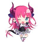  ;d arm_up bangs blush blush_stickers boots bow chibi corset curled_horns detached_sleeves dragon_tail elizabeth_bathory_(fate) elizabeth_bathory_(fate)_(all) fate/extra fate/extra_ccc fate_(series) full_body grey_skirt holding holding_microphone knee_boots layered_skirt long_hair long_sleeves looking_at_viewer microphone one_eye_closed open_mouth pink_bow plaid plaid_skirt pointy_ears skirt smile solo standing tail tail_bow tougetsu_hajime two_side_up v-shaped_eyebrows very_long_hair white_footwear 