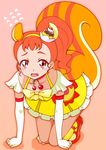  all_fours animal_ears arisugawa_himari bow brown_eyes cake_hair_ornament choker collarbone cure_custard dress elbow_gloves extra_ears food_themed_hair_ornament full_body gloves hair_ornament hairband kirakira_precure_a_la_mode kneehighs looking_at_viewer orange_footwear orange_hair pet_play pink_background ponytail precure red_neckwear shoes short_hair simple_background solo squirrel_ears squirrel_tail tail third_love white_gloves yellow_bow yellow_dress yellow_hairband yellow_legwear 