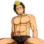 1boy abs ao_no_exorcist blush erection male_focus mayugeyama pecs penis sitting solo sweat topless 