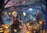  1girl bad_id bad_twitter_id black_hair blonde_hair blue_eyes blush brat eyebrows hair_over_one_eye highres jack-o'-lantern lantern looking_away night open_mouth original outdoors parted_lips pumpkin red_eyes skeleton smile tombstone tree 