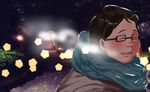  blue_scarf blurry blurry_background blush breath brown_hair closed_eyes glasses kinoshita_seiichi male_focus night outdoors sankaku_(entrance) scarf shirobako smile upper_body 