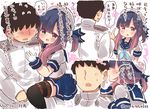  1girl :d admiral_(kantai_collection) beret black_hair black_legwear blue_sailor_collar blue_skirt blush commentary ears faceless faceless_male gloves gradient_hair hat heart highres hug kantai_collection long_sleeves military military_uniform multicolored_hair naval_uniform open_mouth pleated_skirt puffy_short_sleeves puffy_sleeves purple_eyes purple_hair sailor_collar sailor_hat school_uniform serafuku short_hair short_sleeves sidelocks skirt smile suzuki_toto thighhighs tied_hair translated tsushima_(kantai_collection) twitter_username uniform whispering white_gloves white_hat 