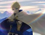  blonde_hair blue_eyes cape fire_emblem fire_emblem_musou grin looking_at_viewer male_focus mountain outdoors smile solo spiked_hair zion_(fire_emblem) 