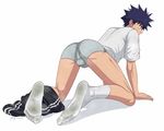  air_gear all_fours blue_hair boxer_briefs bulge feet male_focus minami_itsuki simple_background socks spiked_hair stained_clothes stained_panties steam sweat t-shirt track_pants undressing white_background yunomi_(artist) 