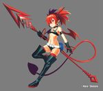  bare_shoulders black_gloves black_hair boots bracelet choker commentary_request demon_girl demon_tail disgaea disgaea_d2 earrings etna flat_chest full_body gloves hara_shoutarou holding holding_spear holding_weapon jewelry long_hair looking_at_viewer pointy_ears polearm red_eyes red_hair red_legwear red_wings short_shorts shorts simple_background smile spear tail thigh_boots thighhighs twintails very_long_hair weapon wings 
