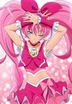  ;) arms_up blue_eyes crop_top cure_melody floating_hair fuchi_(nightmare) hair_ribbon hairband head_tilt houjou_hibiki layered_skirt long_hair magical_girl midriff one_eye_closed pink_hair precure red_ribbon ribbon shiny shiny_skin sleeveless smile solo standing stomach suite_precure twintails very_long_hair white_hairband wrist_cuffs 